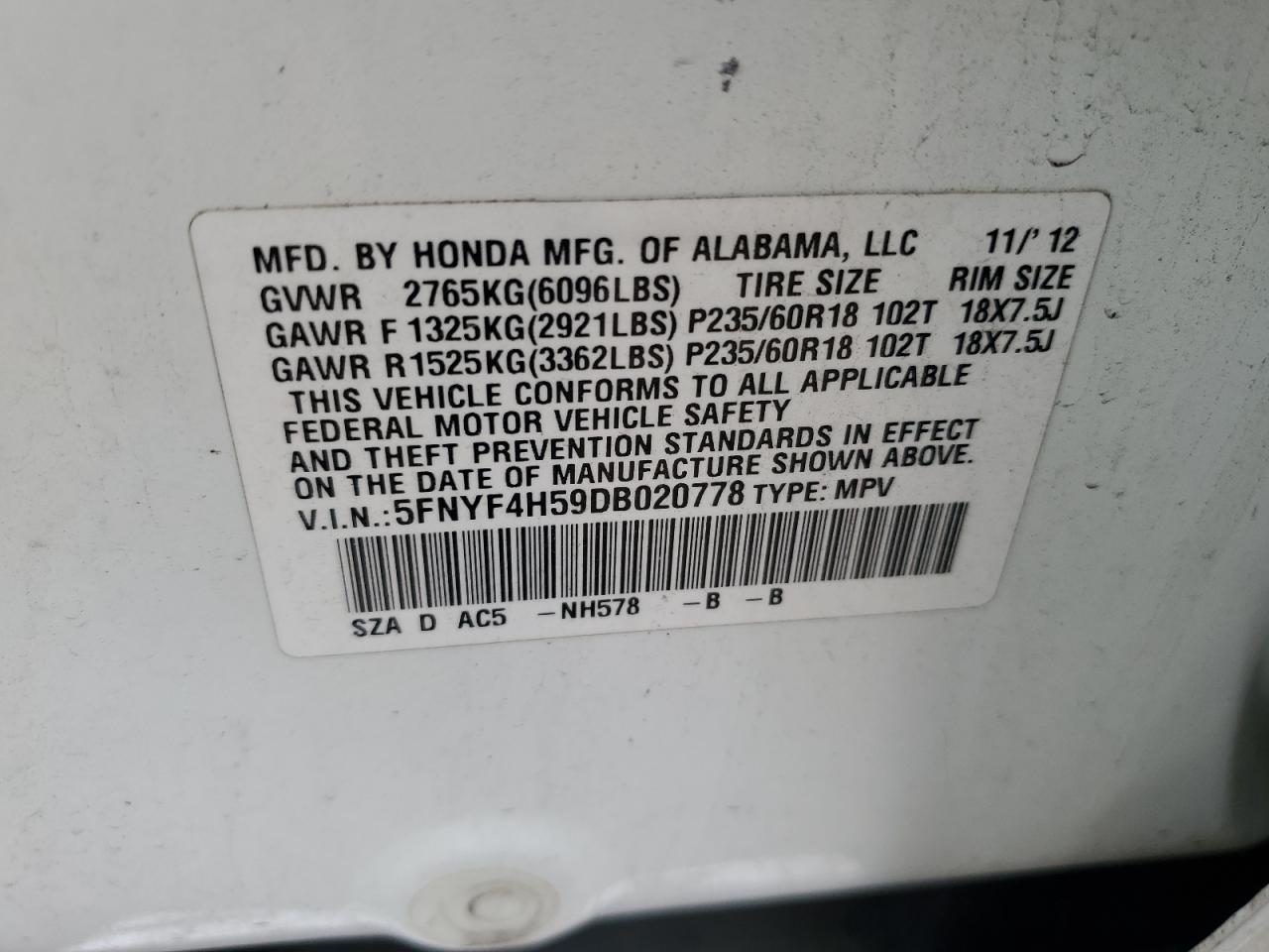 2013 Honda Pilot Exl VIN: 5FNYF4H59DB020778 Lot: 58546625