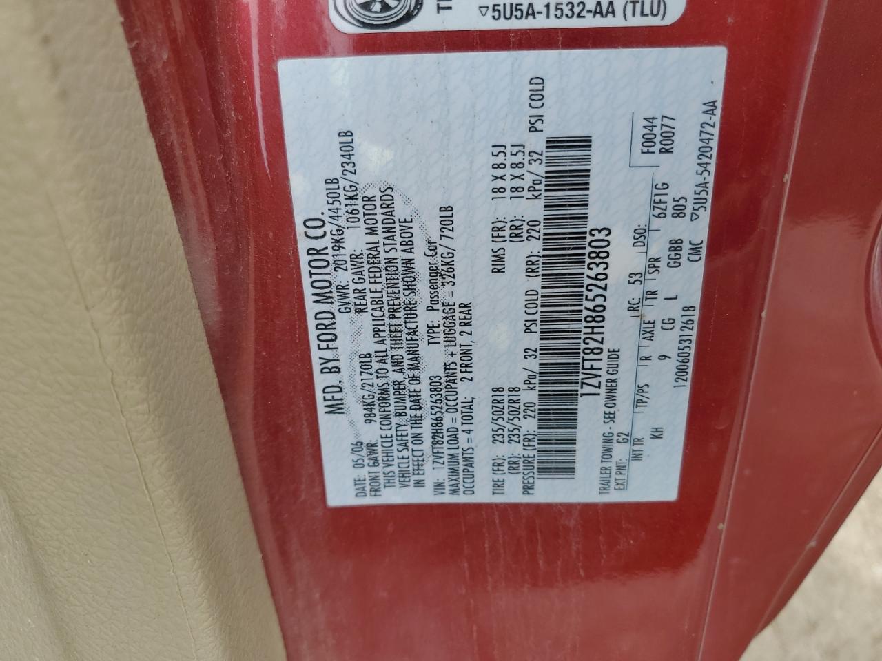 2006 Ford Mustang Gt VIN: 1ZVFT82H865263803 Lot: 56177355