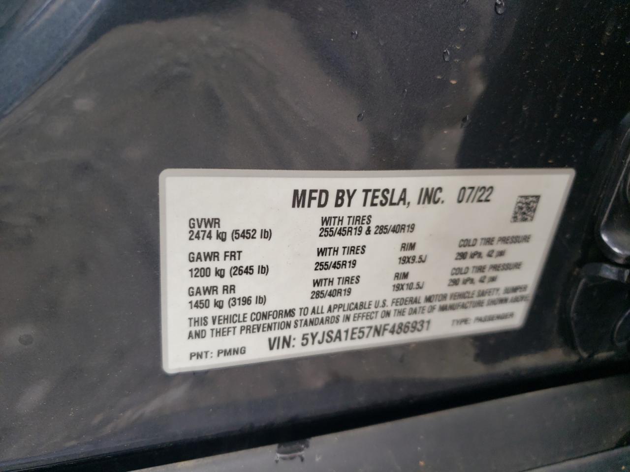 2022 Tesla Model S VIN: 5YJSA1E57NF486931 Lot: 56728655