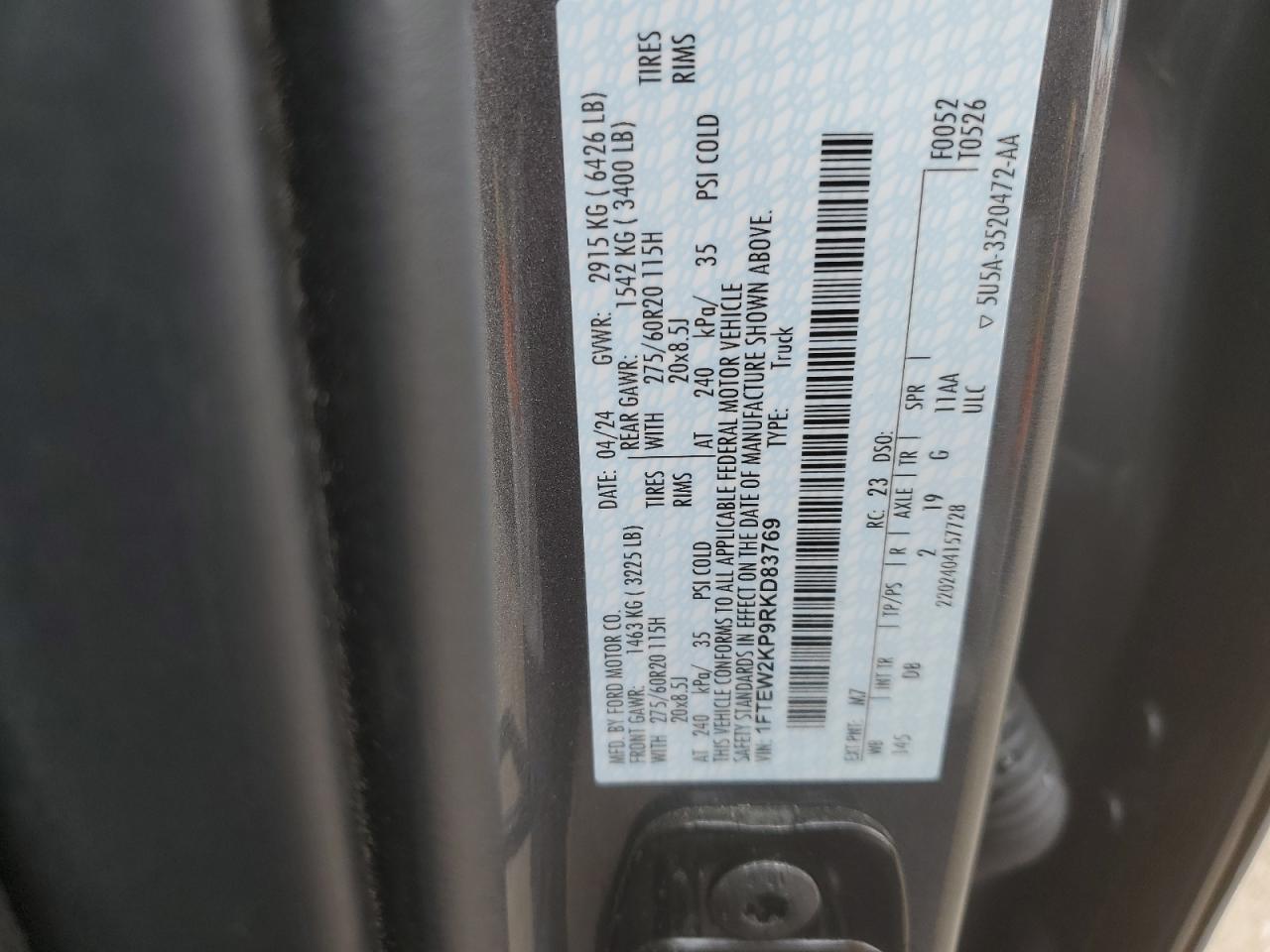 1FTEW2KP9RKD83769 FORD F150 STX 2024