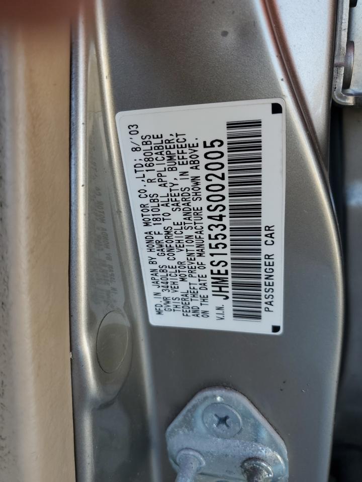 2004 Honda Civic Lx VIN: JHMES15534S002005 Lot: 58444635