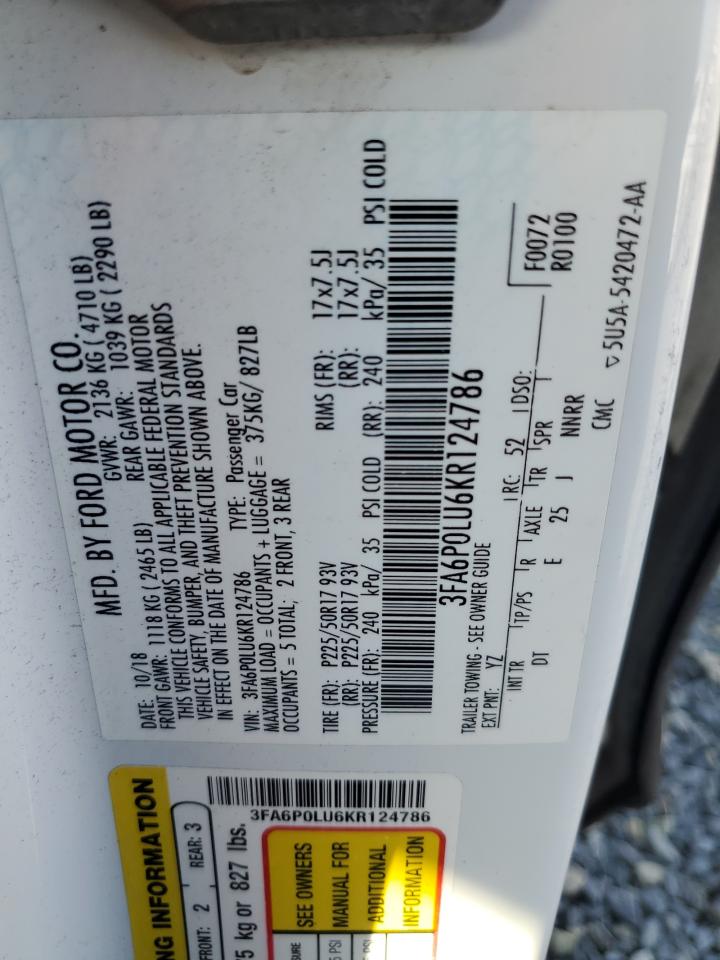 2019 Ford Fusion Se VIN: 3FA6P0LU6KR124786 Lot: 54028235