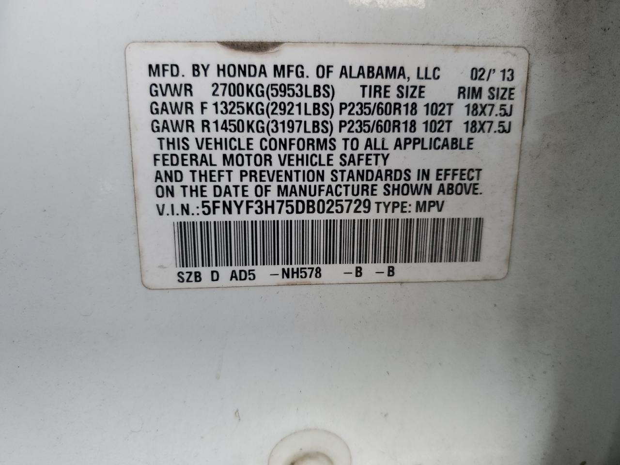 2013 Honda Pilot Exln VIN: 5FNYF3H75DB025729 Lot: 56788345