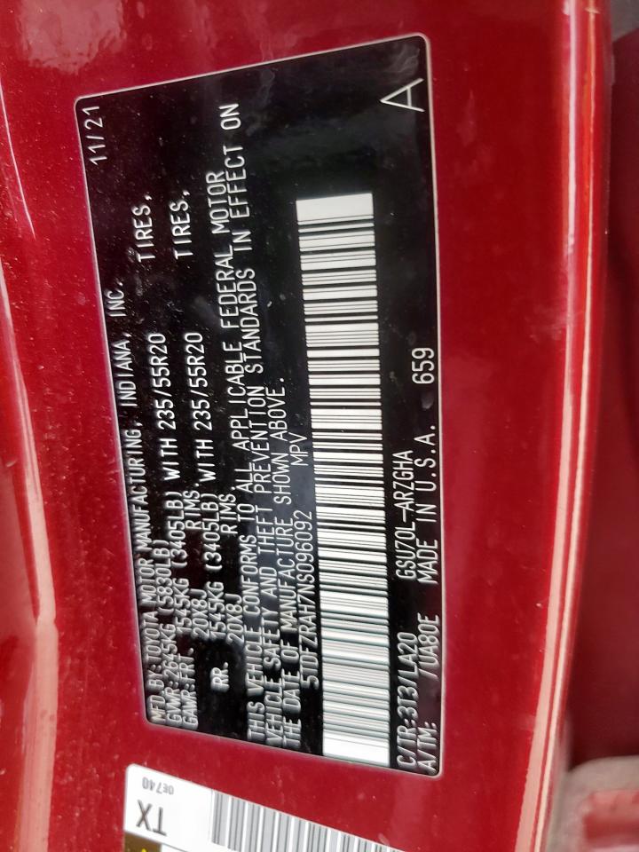 2022 Toyota Highlander Platinum VIN: 5TDFZRAH7NS096092 Lot: 57278825