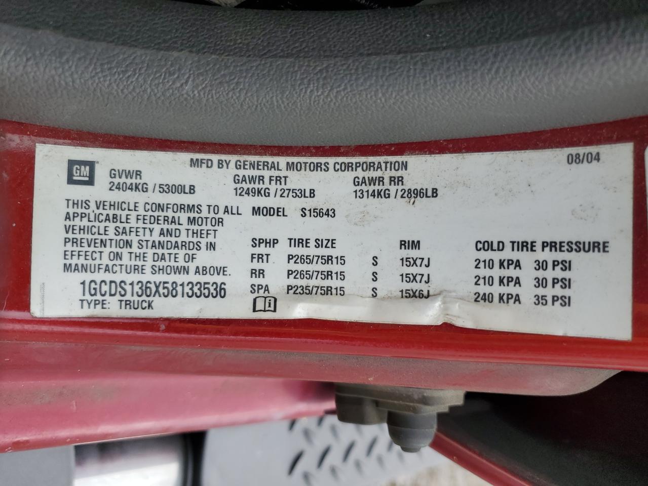 2005 Chevrolet Colorado VIN: 1GCDS136X58133536 Lot: 56592745