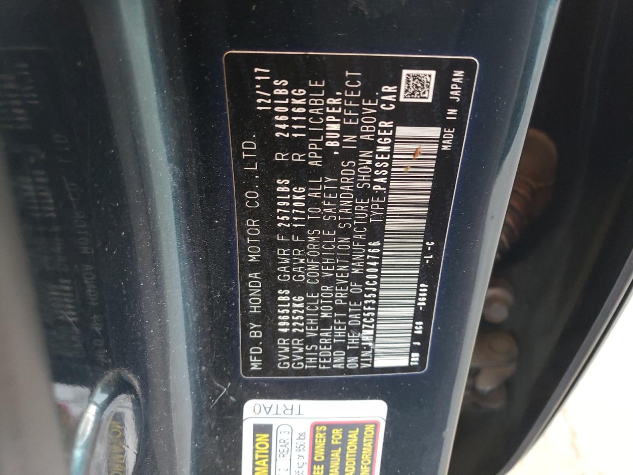 2018 Honda Clarity Touring VIN: JHMZC5F35JC004766 Lot: 56927645