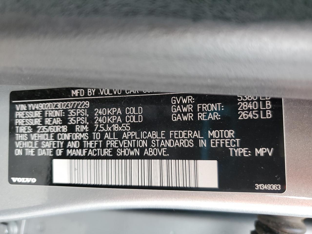 2013 Volvo Xc60 T6 VIN: YV4902DZ3D2377229 Lot: 58640675