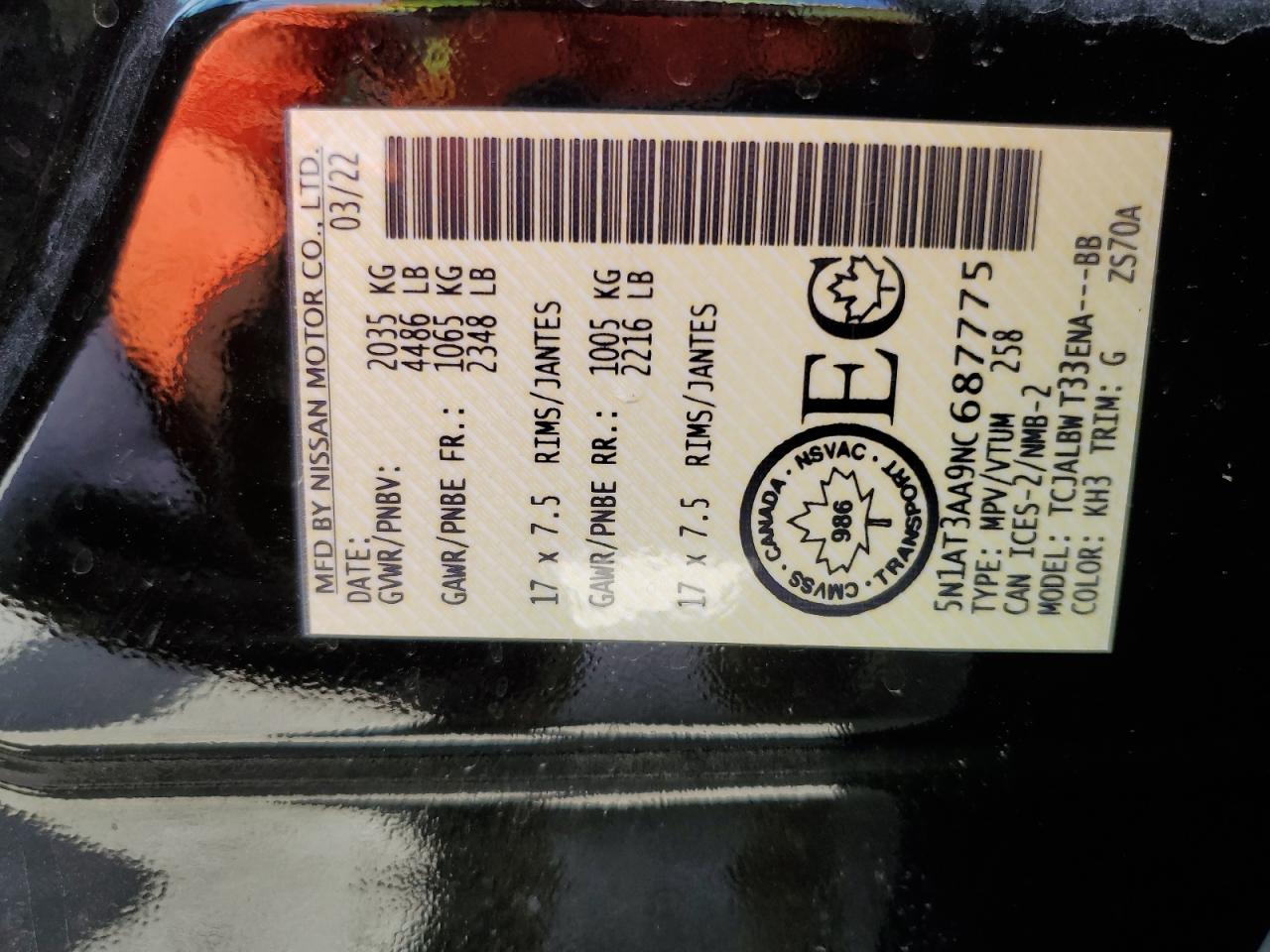 2022 Nissan Rogue S VIN: 5N1AT3AA9NC687775 Lot: 57844205