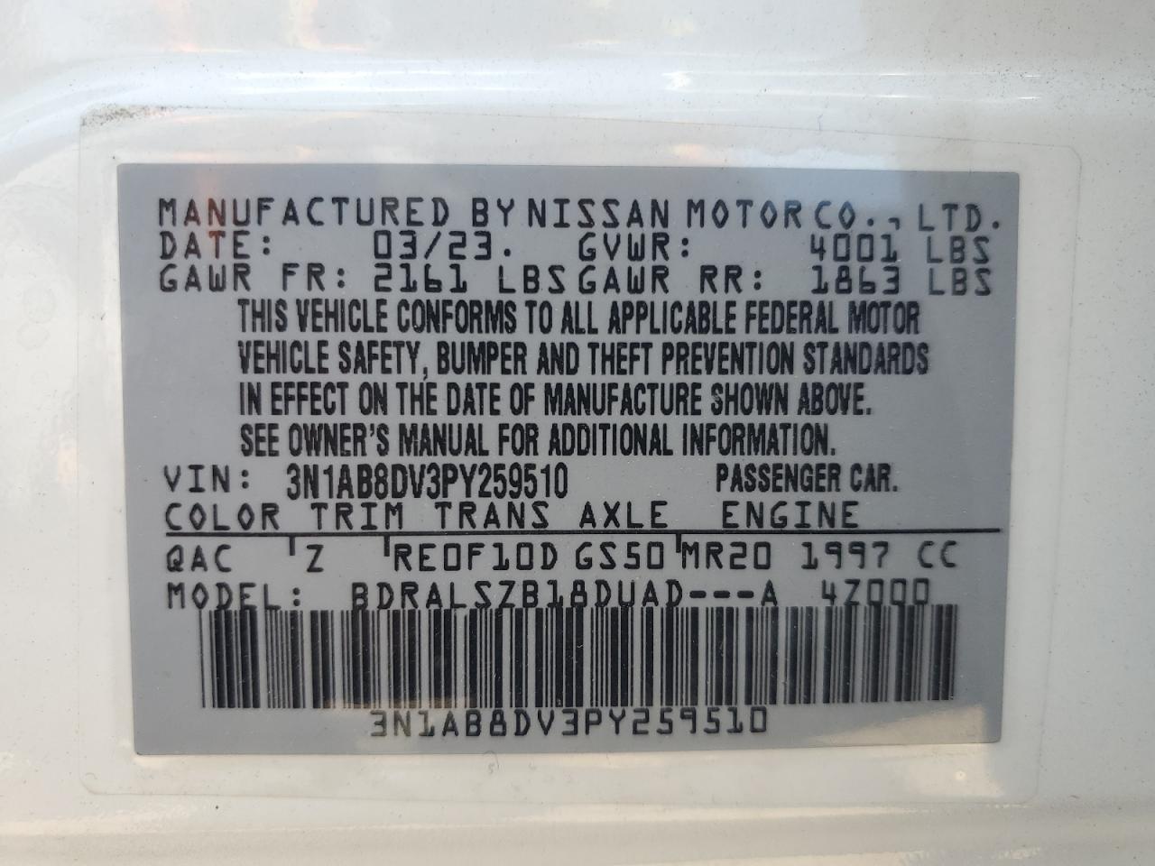 3N1AB8DV3PY259510 NISSAN SENTRA 2023