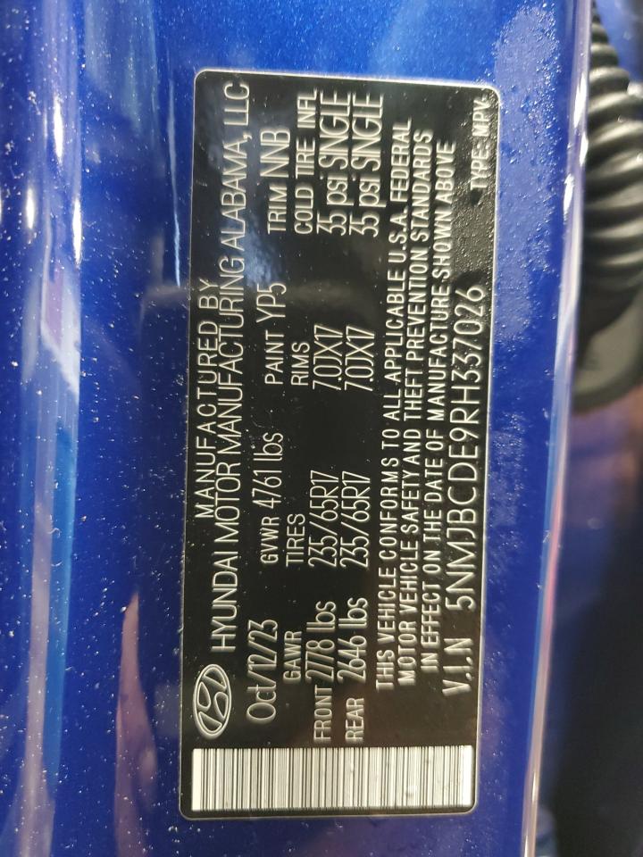 2024 Hyundai Tucson Sel VIN: 5NMJBCDE9RH337026 Lot: 57222905