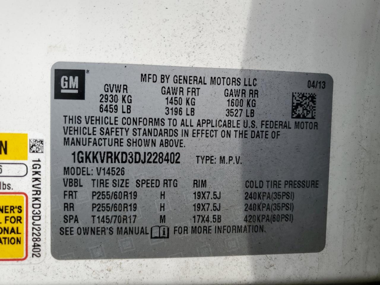 2013 GMC Acadia Slt-1 VIN: 1GKKVRKD3DJ228402 Lot: 57328915