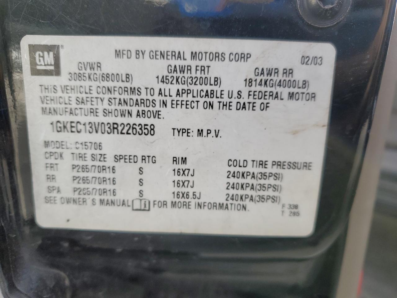 2003 GMC Yukon VIN: 1GKEC13V03R226358 Lot: 56752465