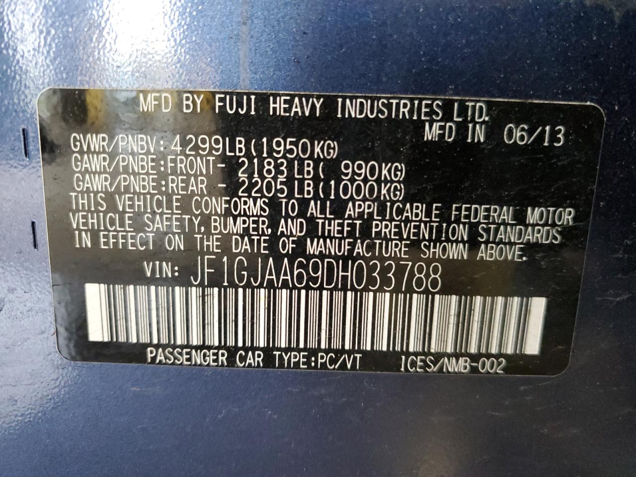 2013 Subaru Impreza VIN: JF1GJAA69DH033788 Lot: 58571195