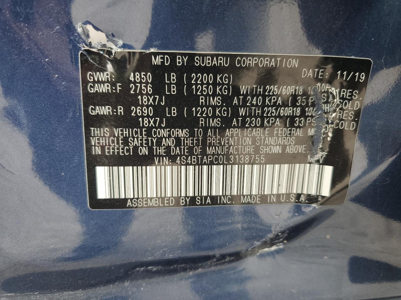 2020 Subaru Outback Touring VIN: 4S4BTAPC0L3138755 Lot: 56010415