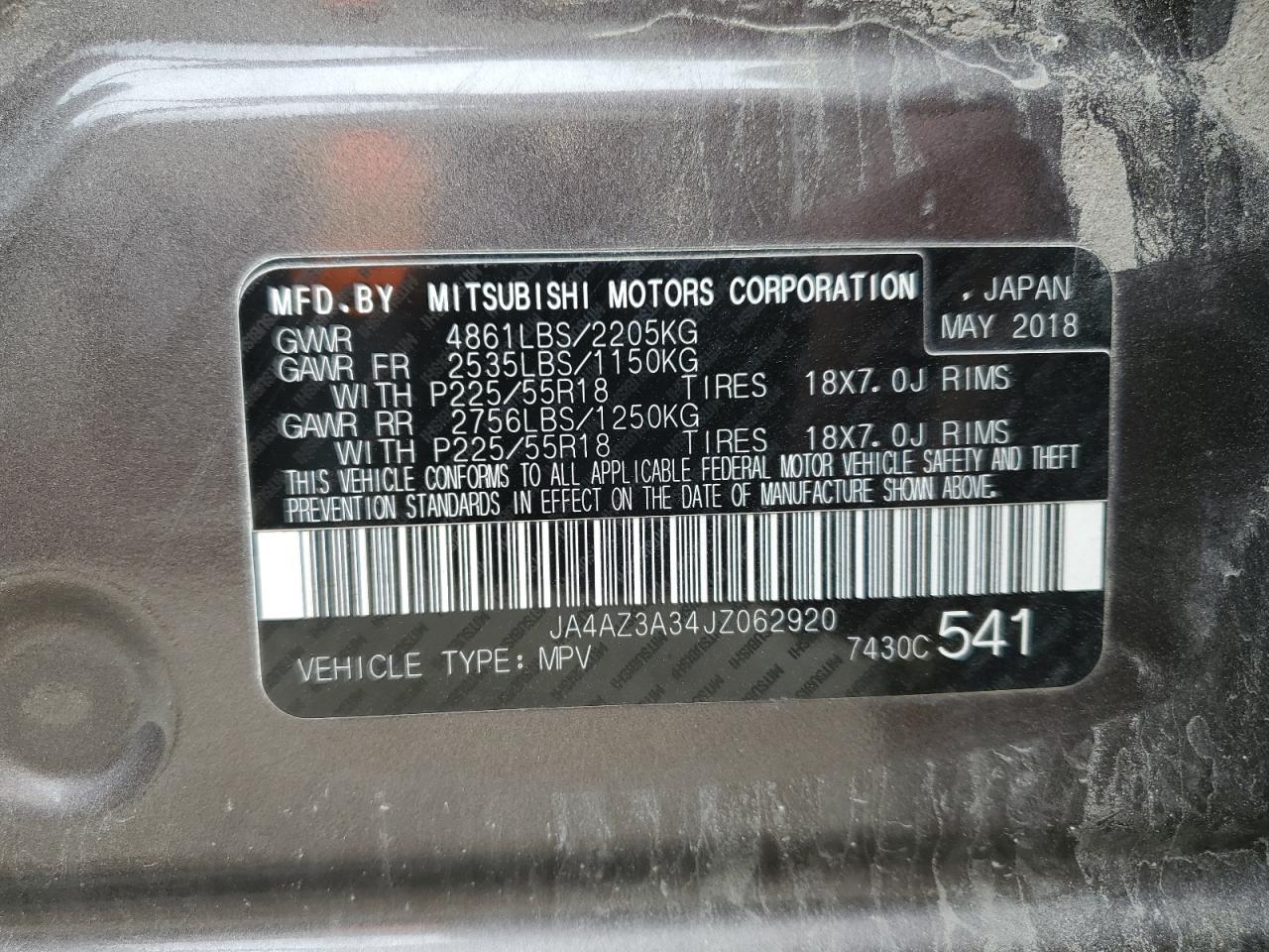 2018 Mitsubishi Outlander Se VIN: JA4AZ3A34JZ062920 Lot: 58619785