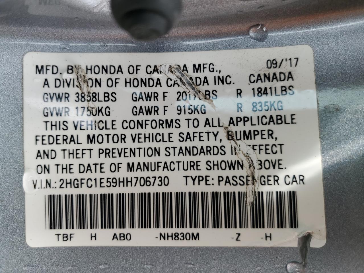 2HGFC1E59HH706730 HONDA CIVIC 2017