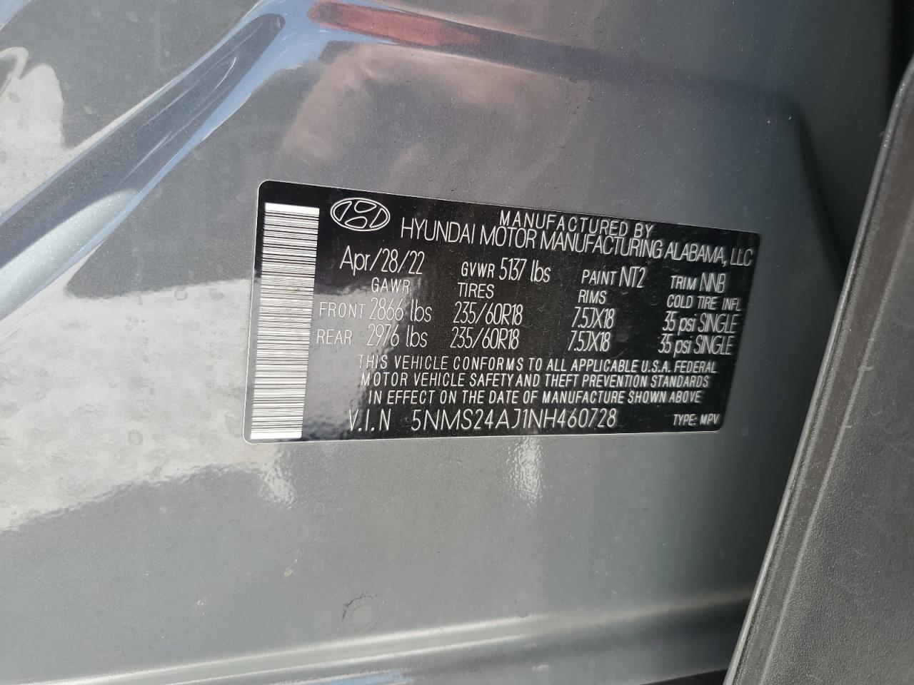 2022 Hyundai Santa Fe Sel VIN: 5NMS24AJ1NH460728 Lot: 57494235