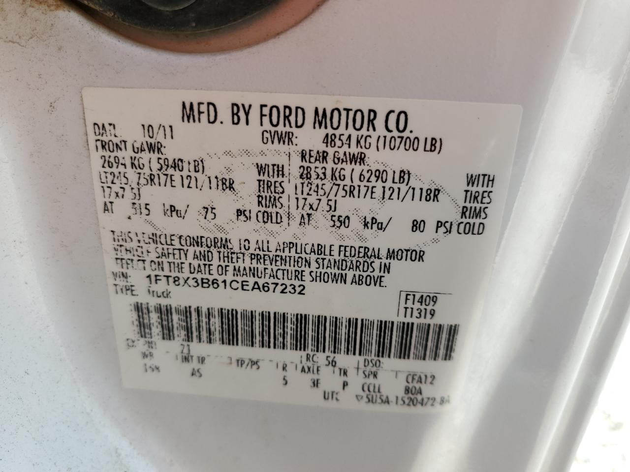 2012 Ford F350 Super Duty VIN: 1FT8X3B61CEA67232 Lot: 55870065