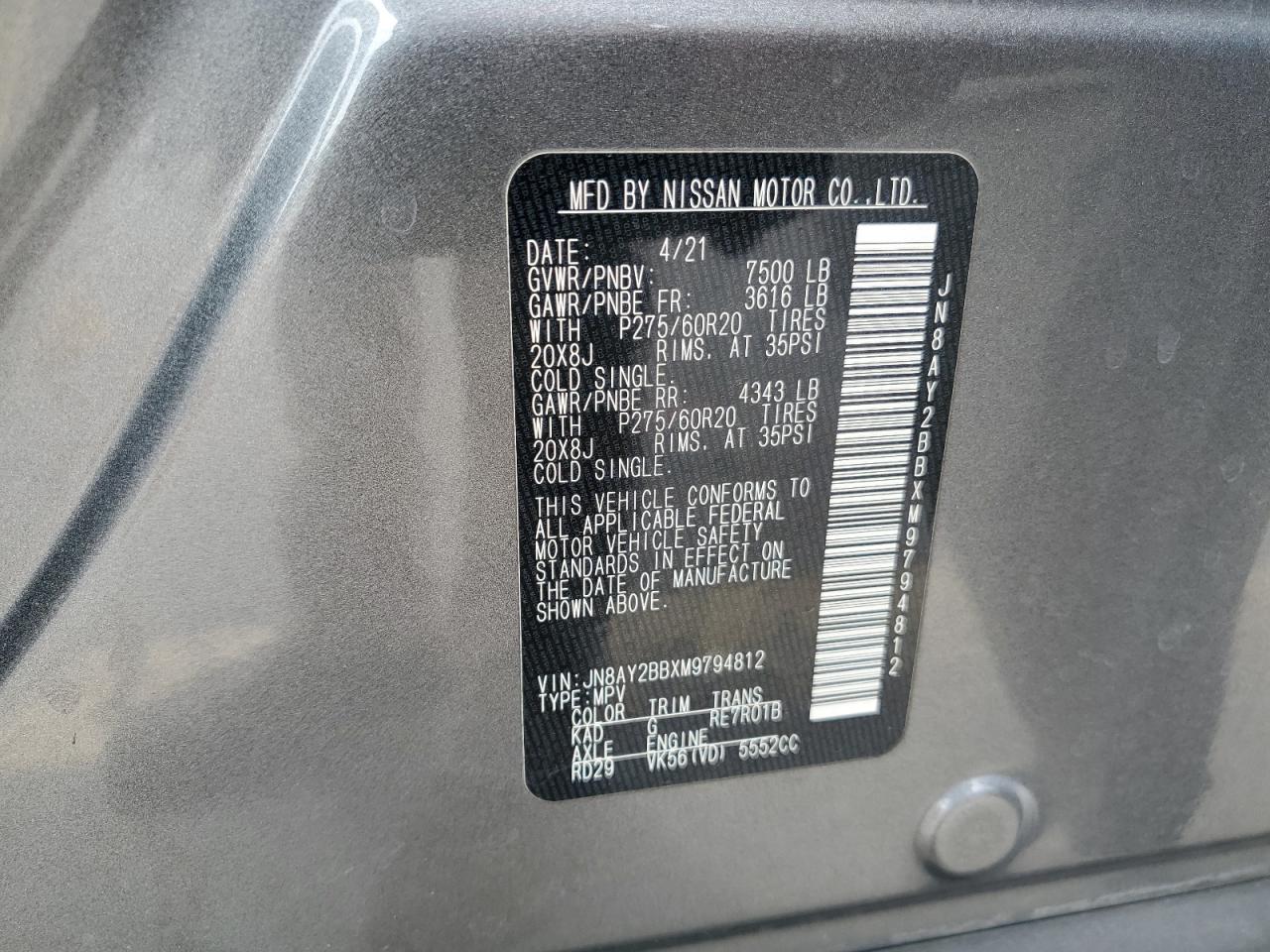 2021 Nissan Armada Sl VIN: JN8AY2BBXM9794812 Lot: 56419135
