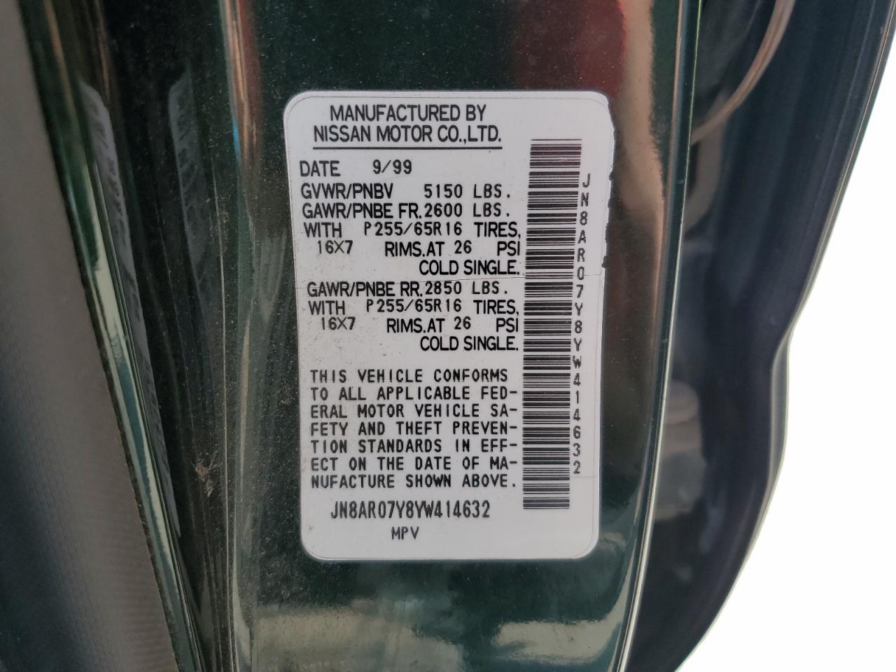 2000 Nissan Pathfinder Le VIN: JN8AR07Y8YW414632 Lot: 56224215