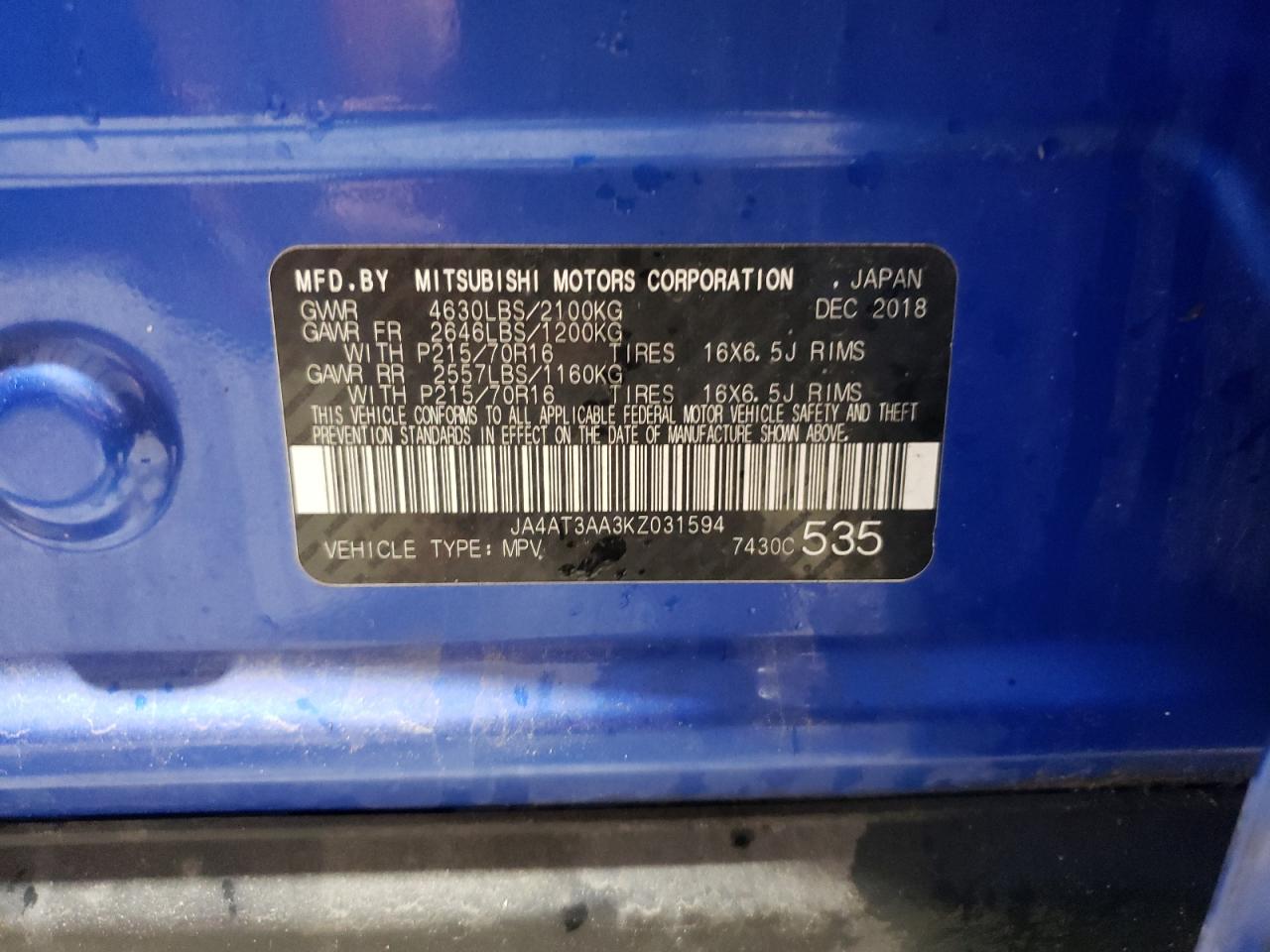 2019 Mitsubishi Eclipse Cross Es VIN: JA4AT3AA3KZ031594 Lot: 56753895