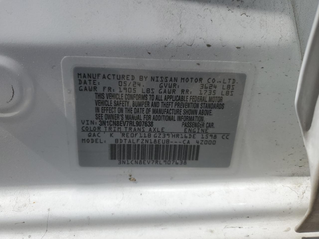 2024 Nissan Versa Sv VIN: 3N1CN8EV7RL907638 Lot: 56885955