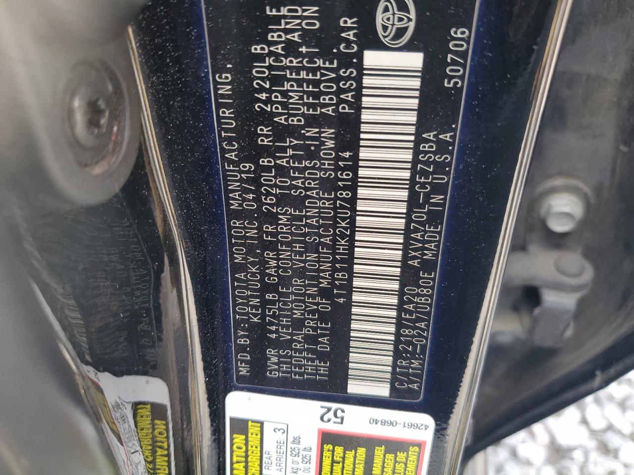 2019 Toyota Camry L VIN: 4T1B11HK2KU781614 Lot: 56978805