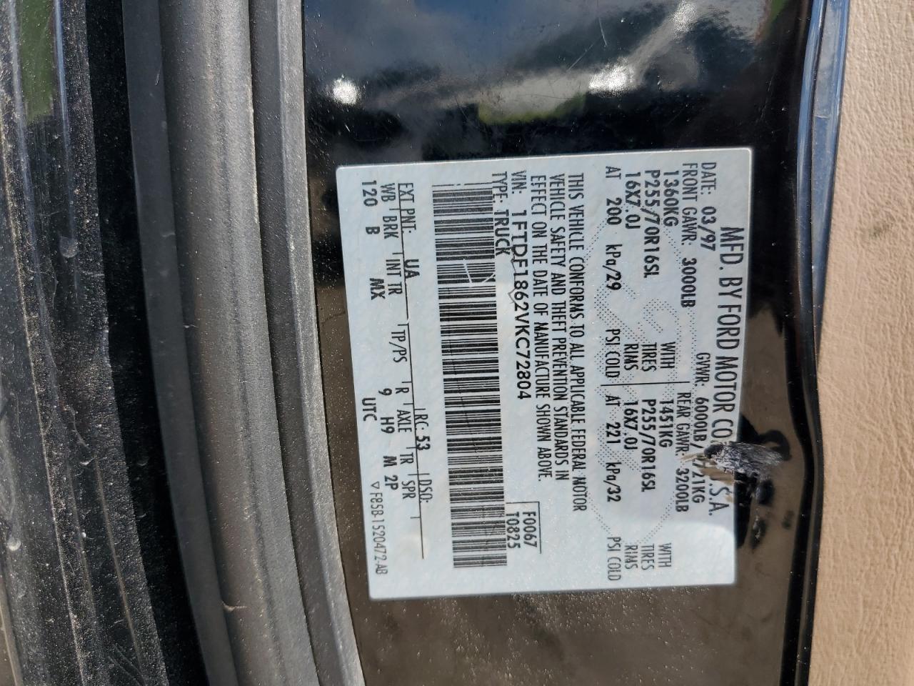 1997 Ford F150 VIN: 1FTDF1862VKC72804 Lot: 56895165