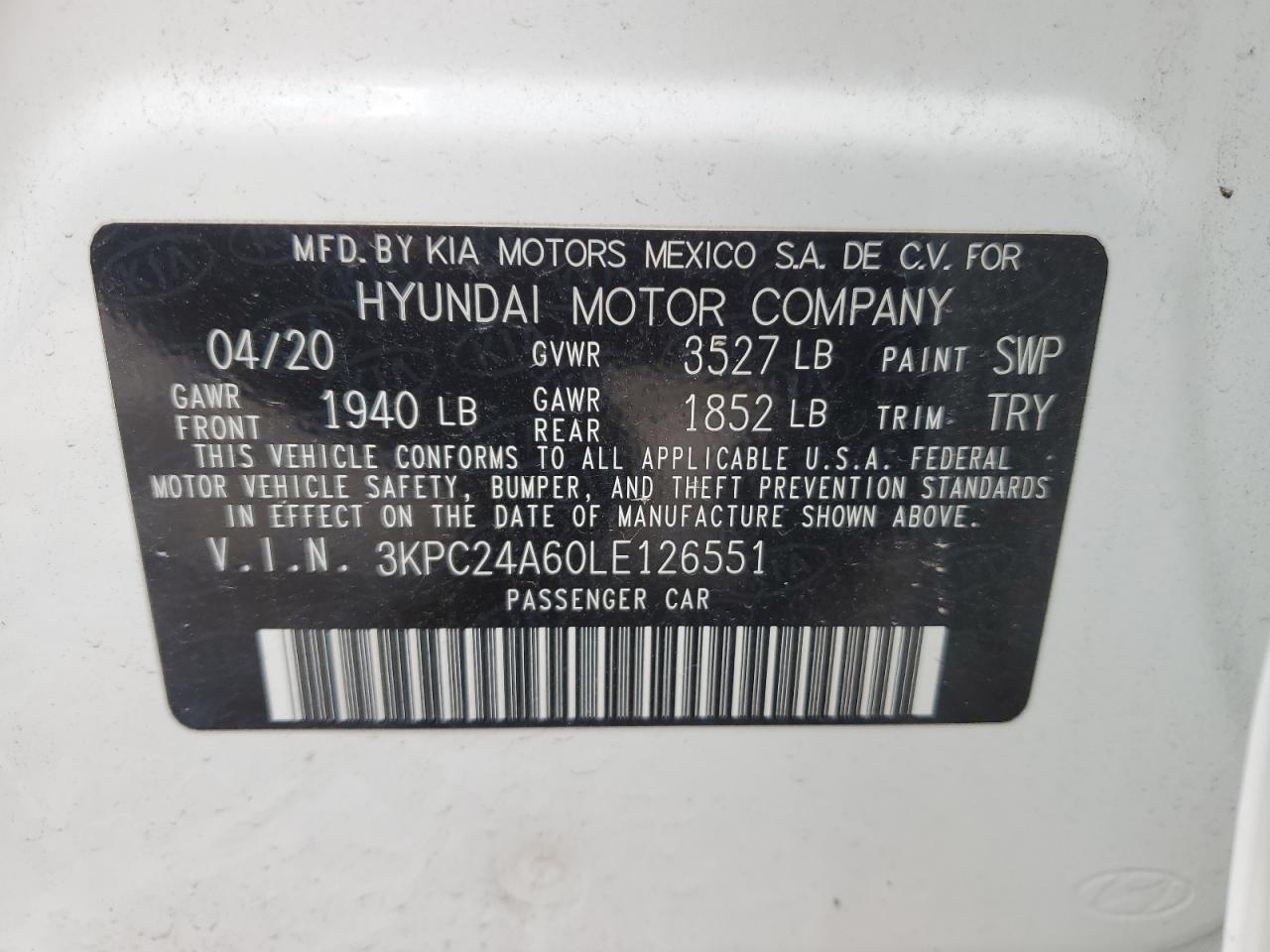 2020 Hyundai Accent Se VIN: 3KPC24A60LE126551 Lot: 57794785