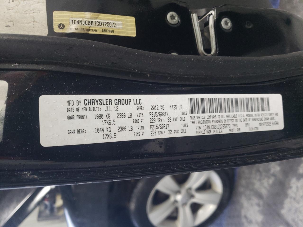 2012 Jeep Compass Sport VIN: 1C4NJCBB1CD725073 Lot: 56782055