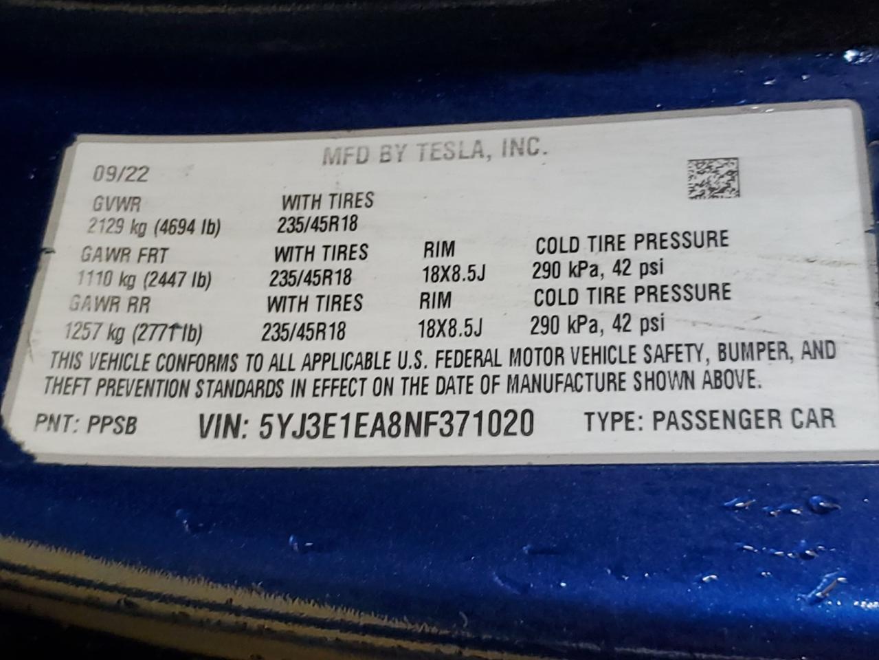 2022 Tesla Model 3 VIN: 5YJ3E1EA8NF371020 Lot: 55570145