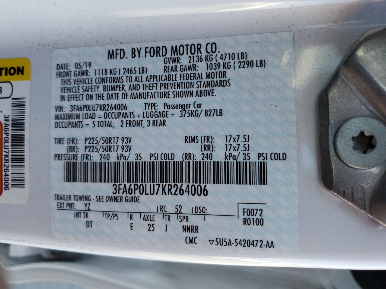 2019 Ford Fusion Se VIN: 3FA6P0LU7KR264006 Lot: 54025585