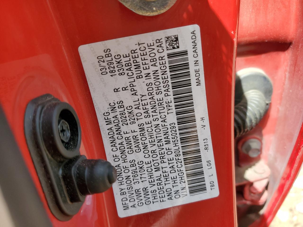 2020 Honda Civic Sport VIN: 2HGFC2F80LH550293 Lot: 56583085