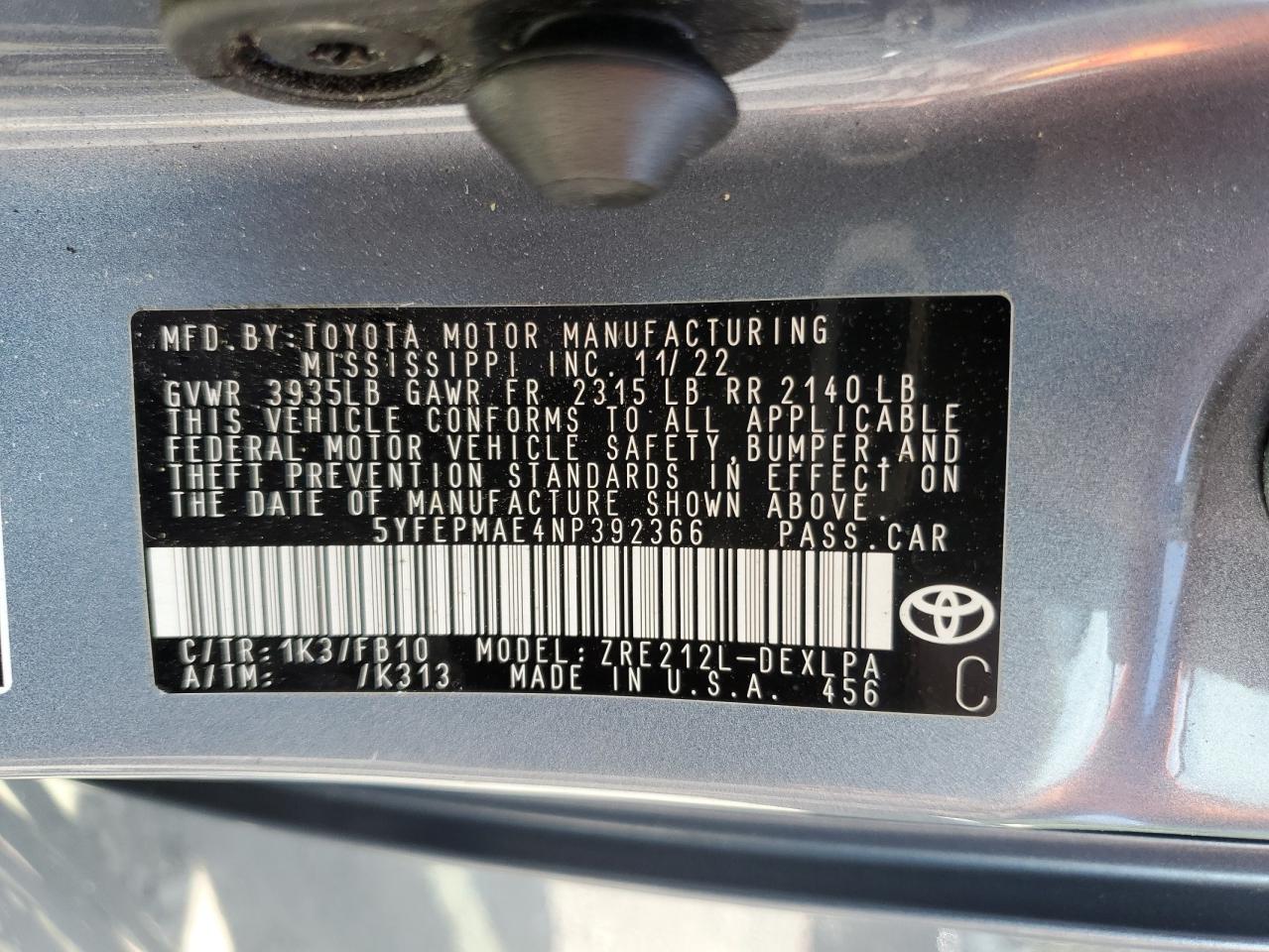 2022 Toyota Corolla Le VIN: 5YFEPMAE4NP392366 Lot: 53444195