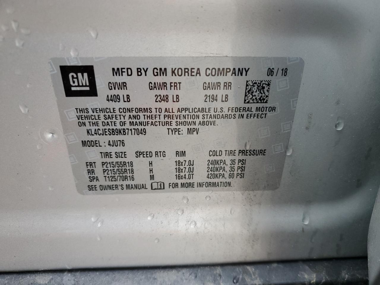 2019 Buick Encore Preferred VIN: KL4CJESB9KB717049 Lot: 55421625