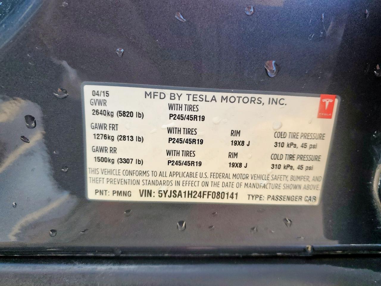 2015 Tesla Model S 85D VIN: 5YJSA1H24FF080141 Lot: 56708125