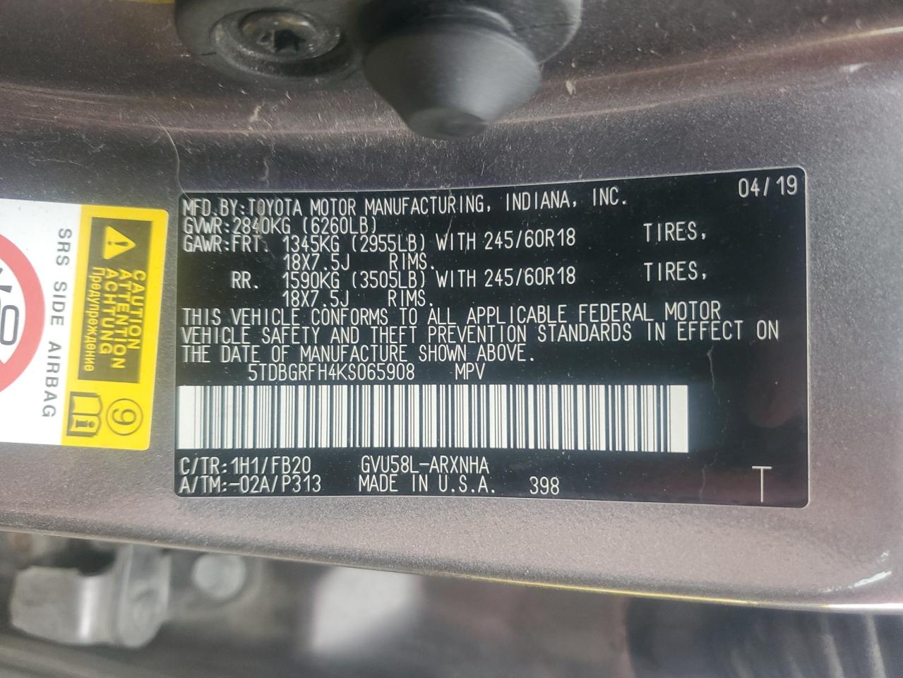 2019 Toyota Highlander Hybrid VIN: 5TDBGRFH4KS065908 Lot: 57471005