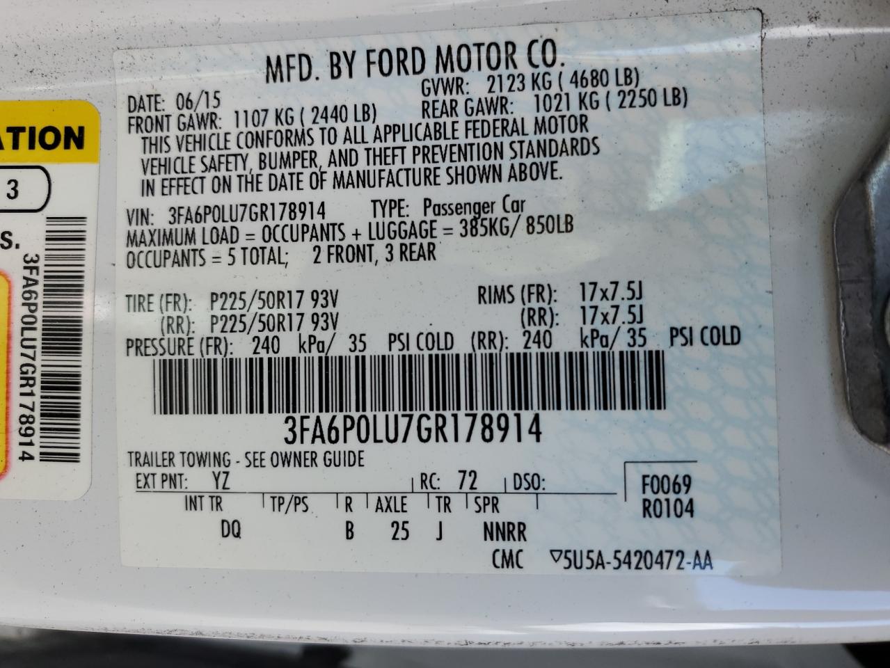 2016 Ford Fusion Se Hybrid VIN: 3FA6P0LU7GR178914 Lot: 51813005