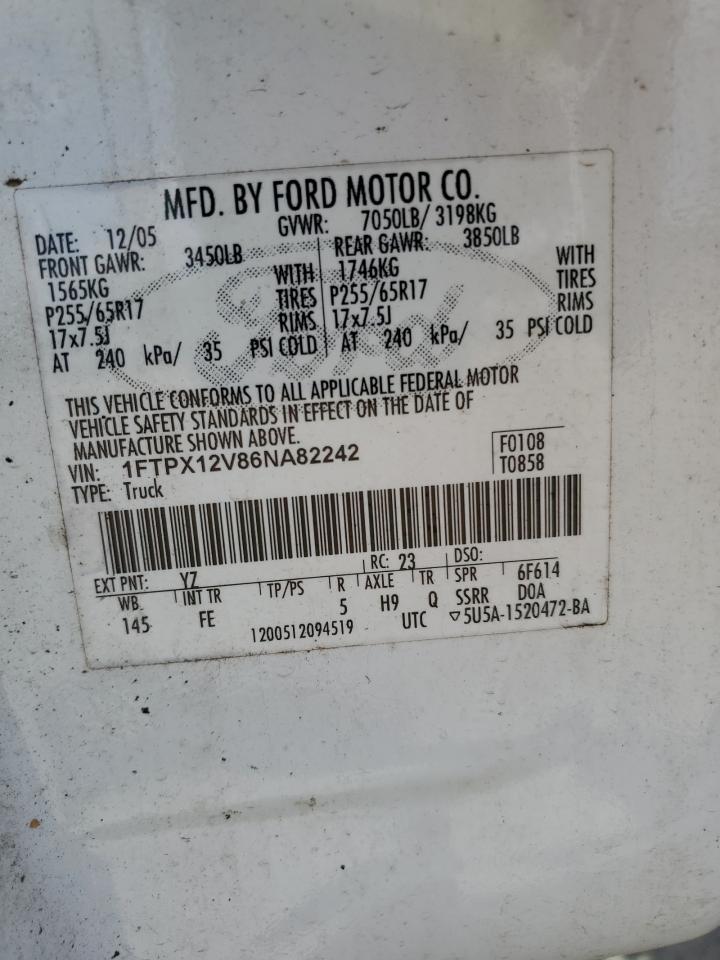 2006 Ford F150 VIN: 1FTPX12V86NA82242 Lot: 56588835
