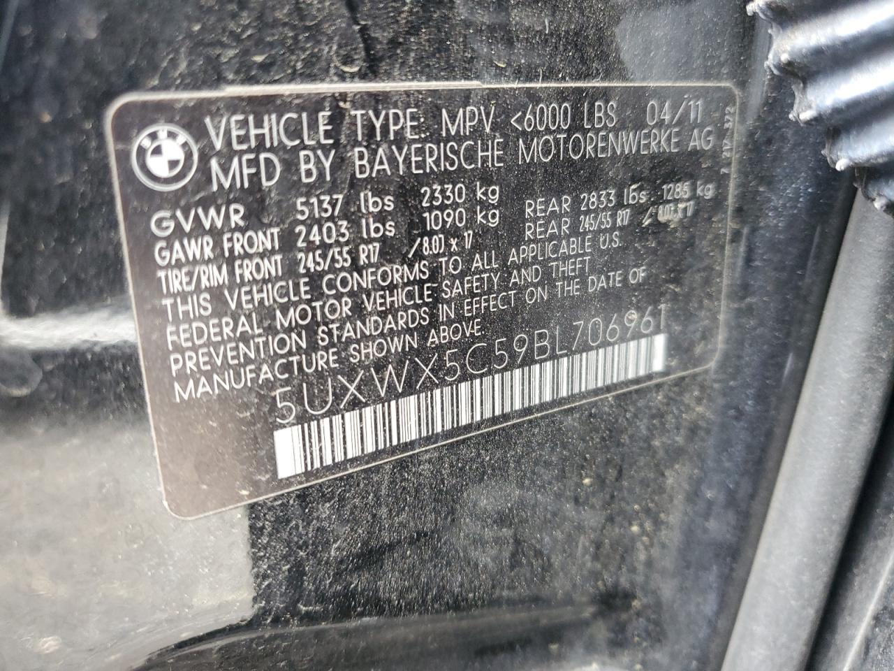 2011 BMW X3 xDrive28I VIN: 5UXWX5C59BL706961 Lot: 57261525