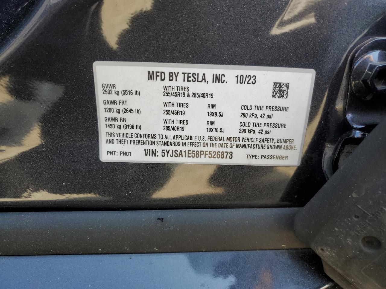 2023 Tesla Model S VIN: 5YJSA1E58PF526873 Lot: 55287025