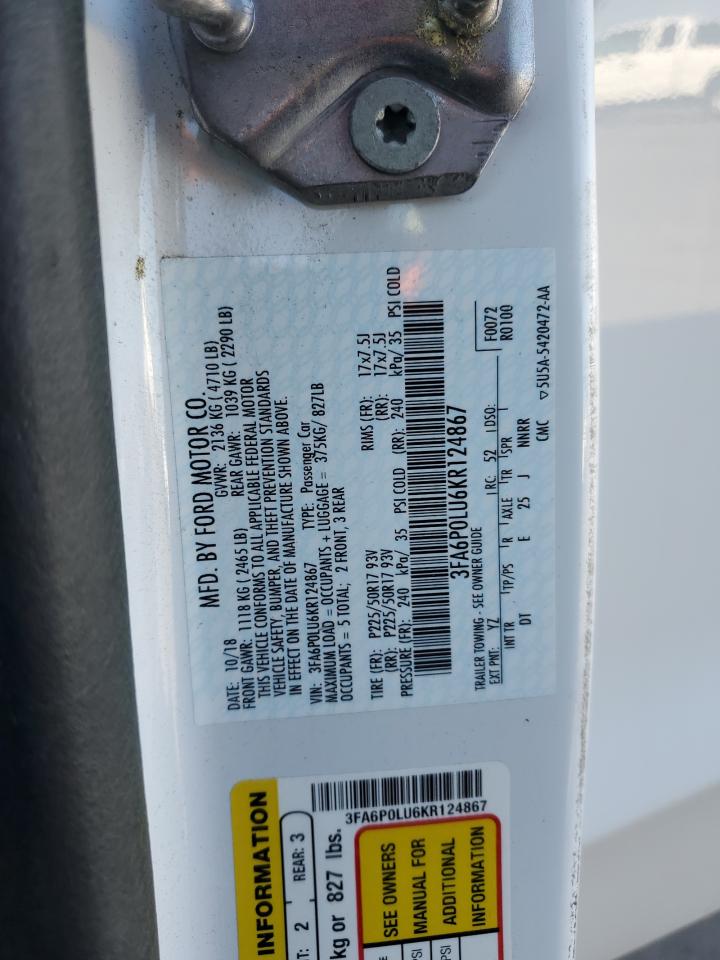 2019 Ford Fusion Se VIN: 3FA6P0LU6KR124867 Lot: 54024445