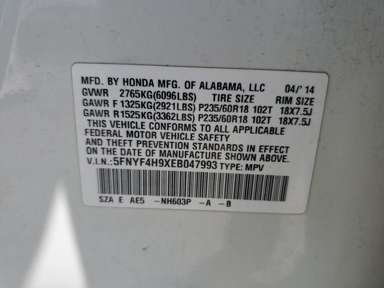 2014 Honda Pilot Touring VIN: 5FNYF4H9XEB047993 Lot: 57518705