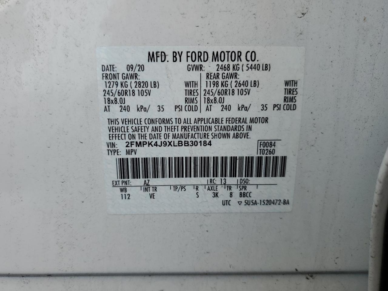 2020 Ford Edge Sel VIN: 2FMPK4J9XLBB30184 Lot: 56839925