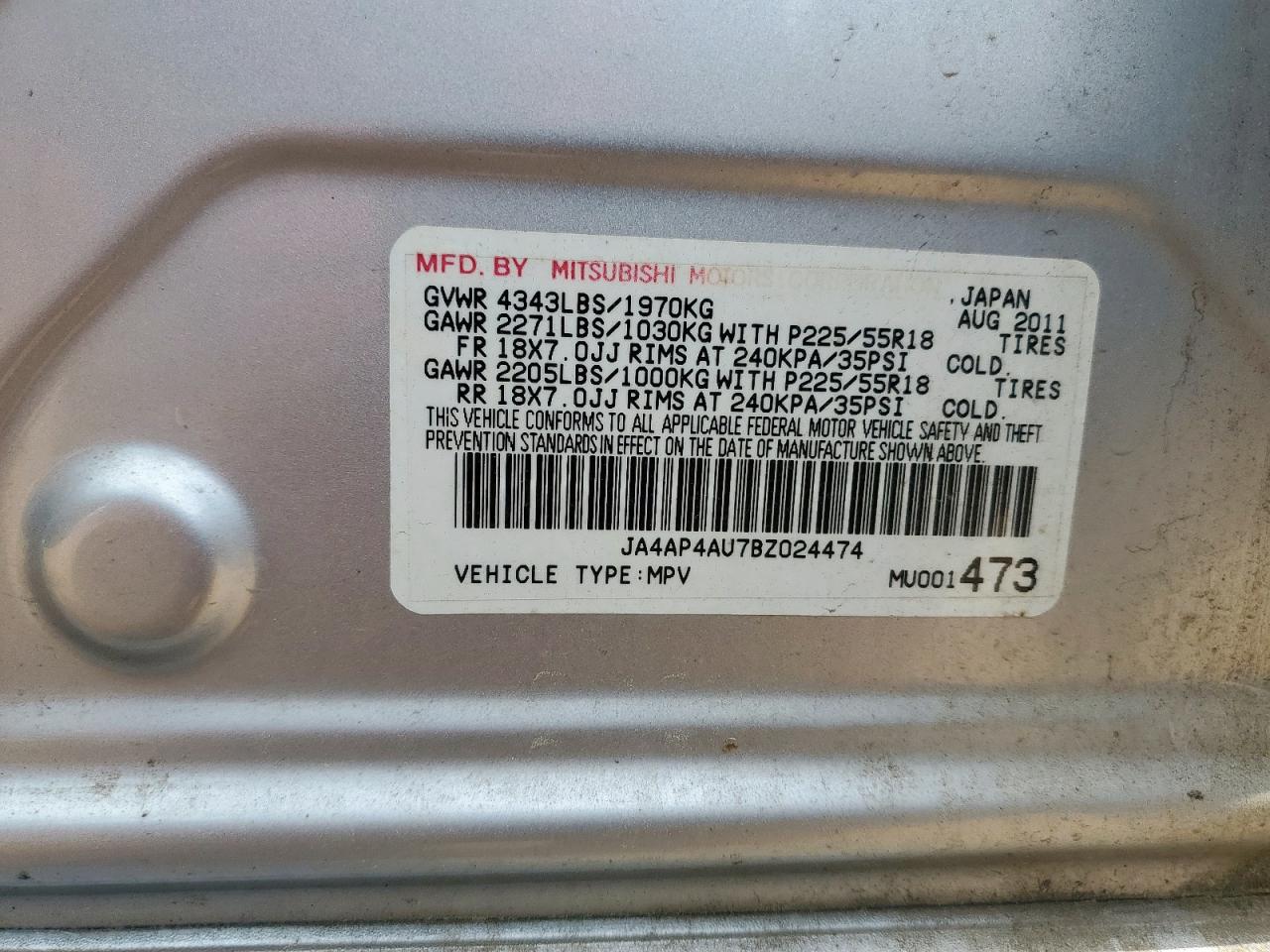 2011 Mitsubishi Outlander Sport Se VIN: JA4AP4AU7BZ024474 Lot: 57693905