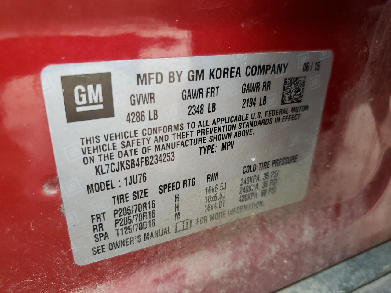 2015 Chevrolet Trax Ls VIN: KL7CJKSB4FB234253 Lot: 58935515