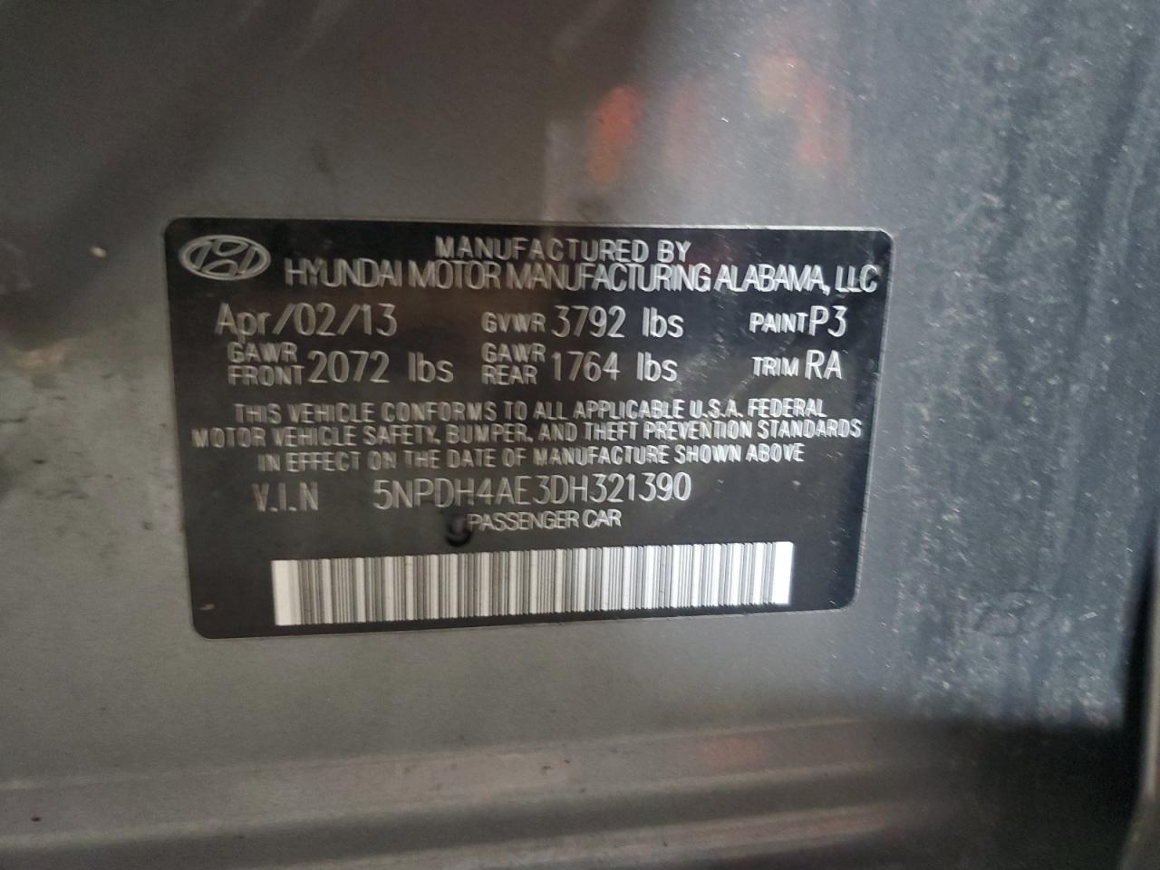 2013 Hyundai Elantra Gls VIN: 5NPDH4AE3DH321390 Lot: 56351975