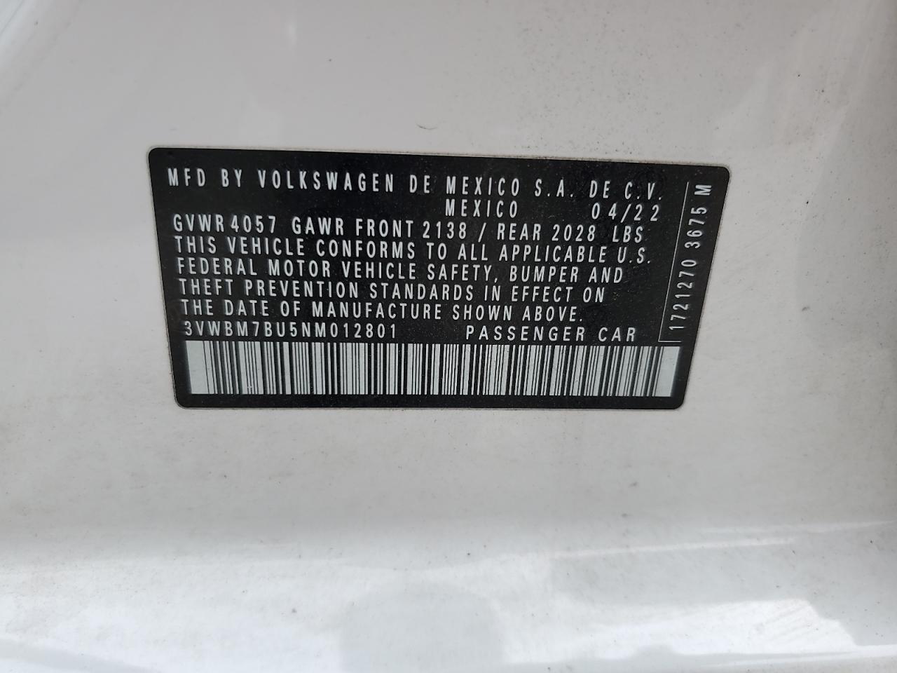 2022 Volkswagen Jetta Sport VIN: 3VWBM7BU5NM012801 Lot: 56931895