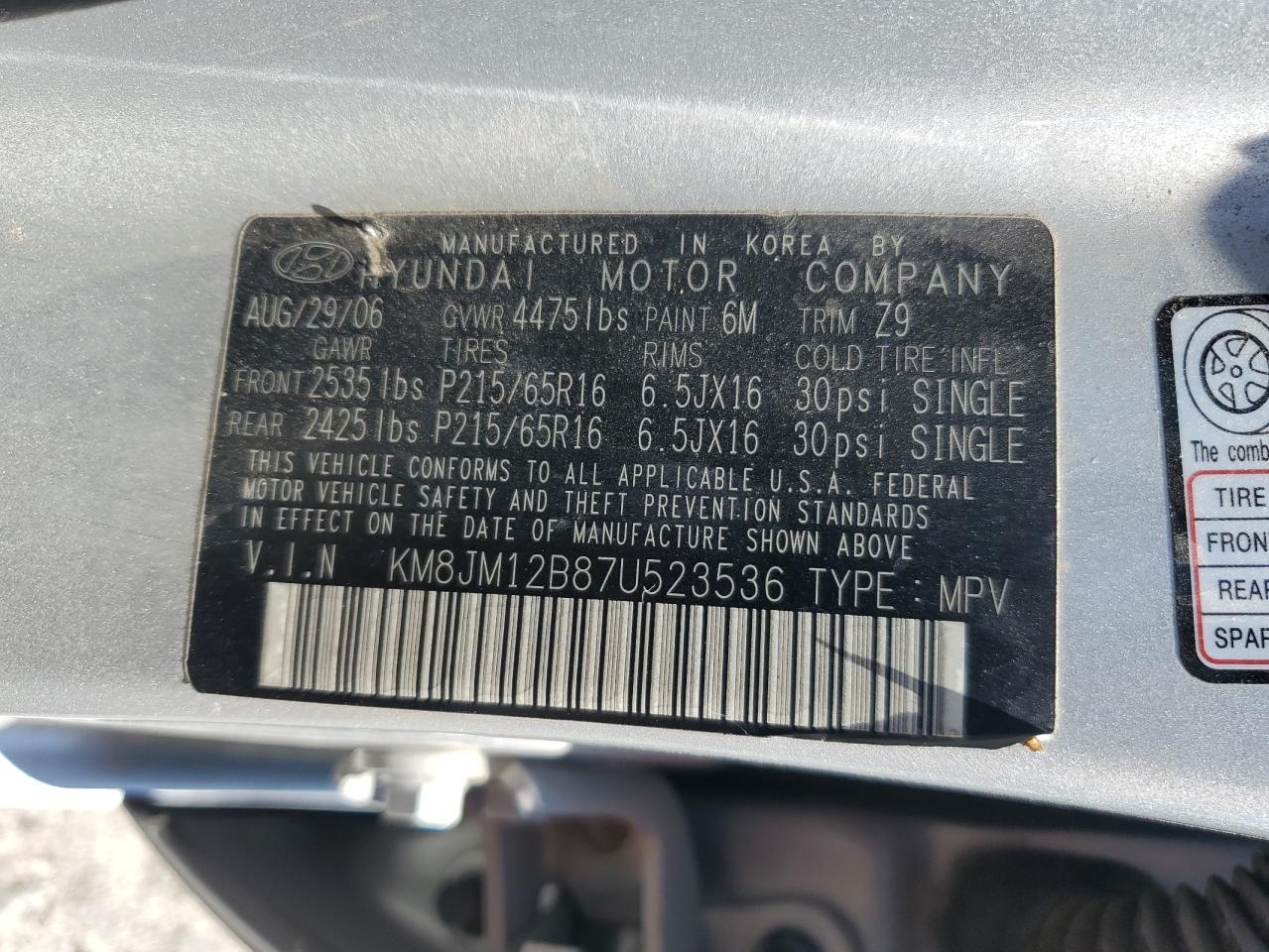 2007 Hyundai Tucson Gls VIN: KM8JM12B87U523536 Lot: 56967355