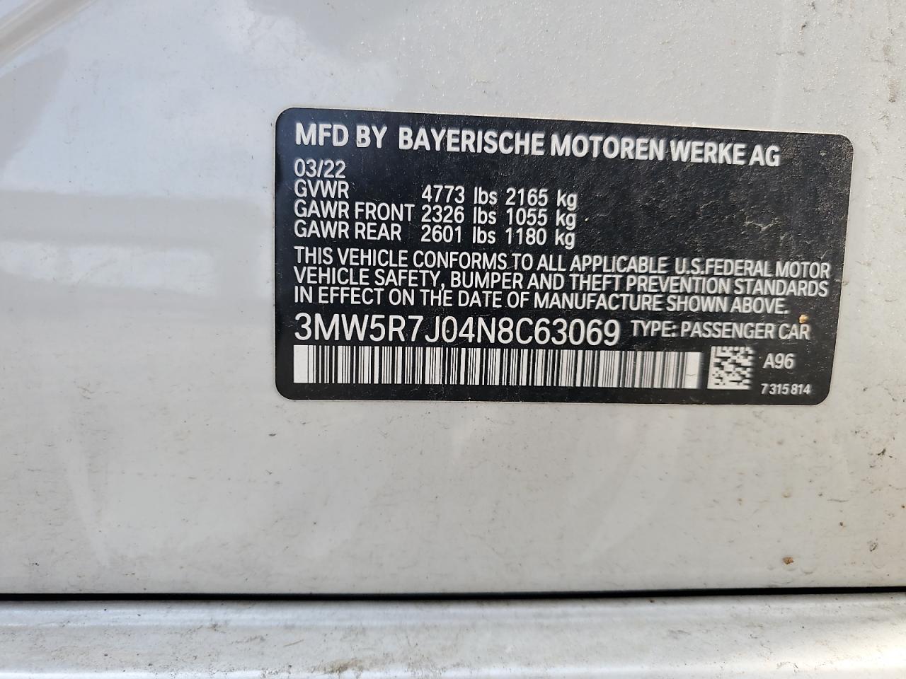 2022 BMW 330Xi VIN: 3MW5R7J04N8C63069 Lot: 56207435